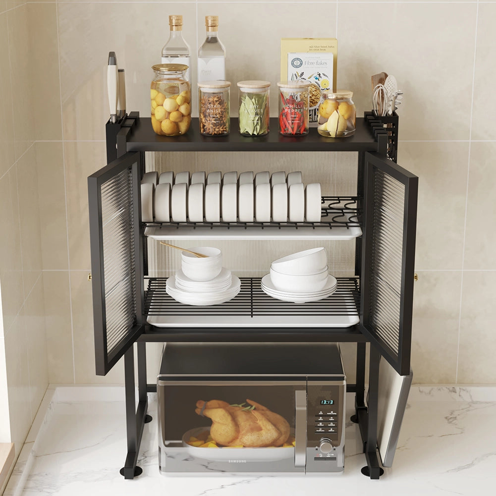 Scaffale Credenza Porta Microonde con Vetrinetta in Metallo Nero 57x37x76cm