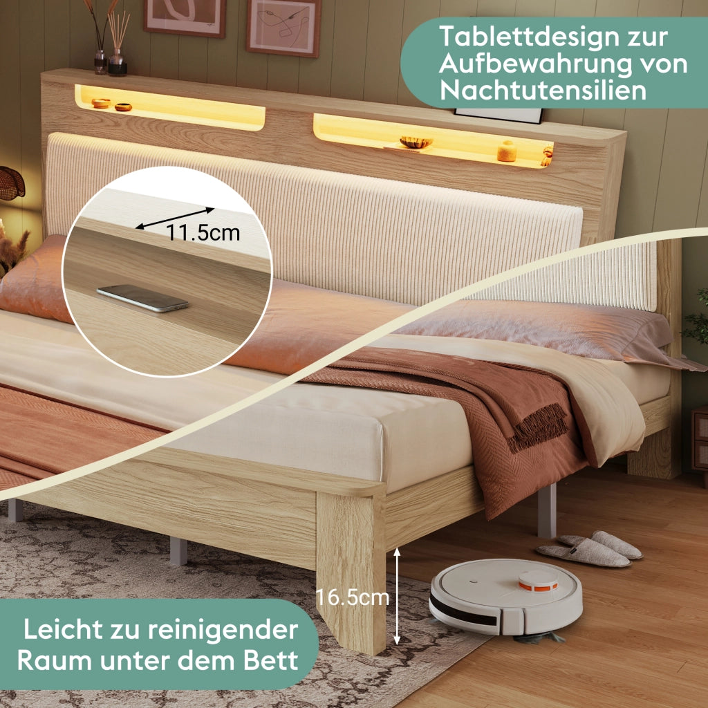 LETTO matrimoniale 160x200 cm con materasso, LED, panca contenitore, rovere chiaro e beige