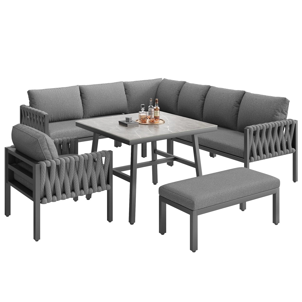 Divano Angolare da Giardino ¨C MINIMAL ¨C Polyrattan Grigio con Tavolo