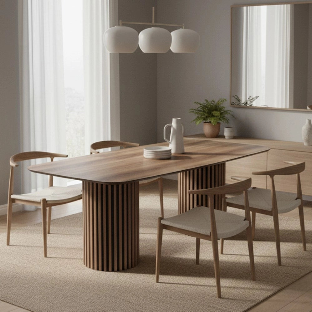 Tavolo rettangolare fisso piano noce e basi in legno cannettati Oslo 200x100x76H