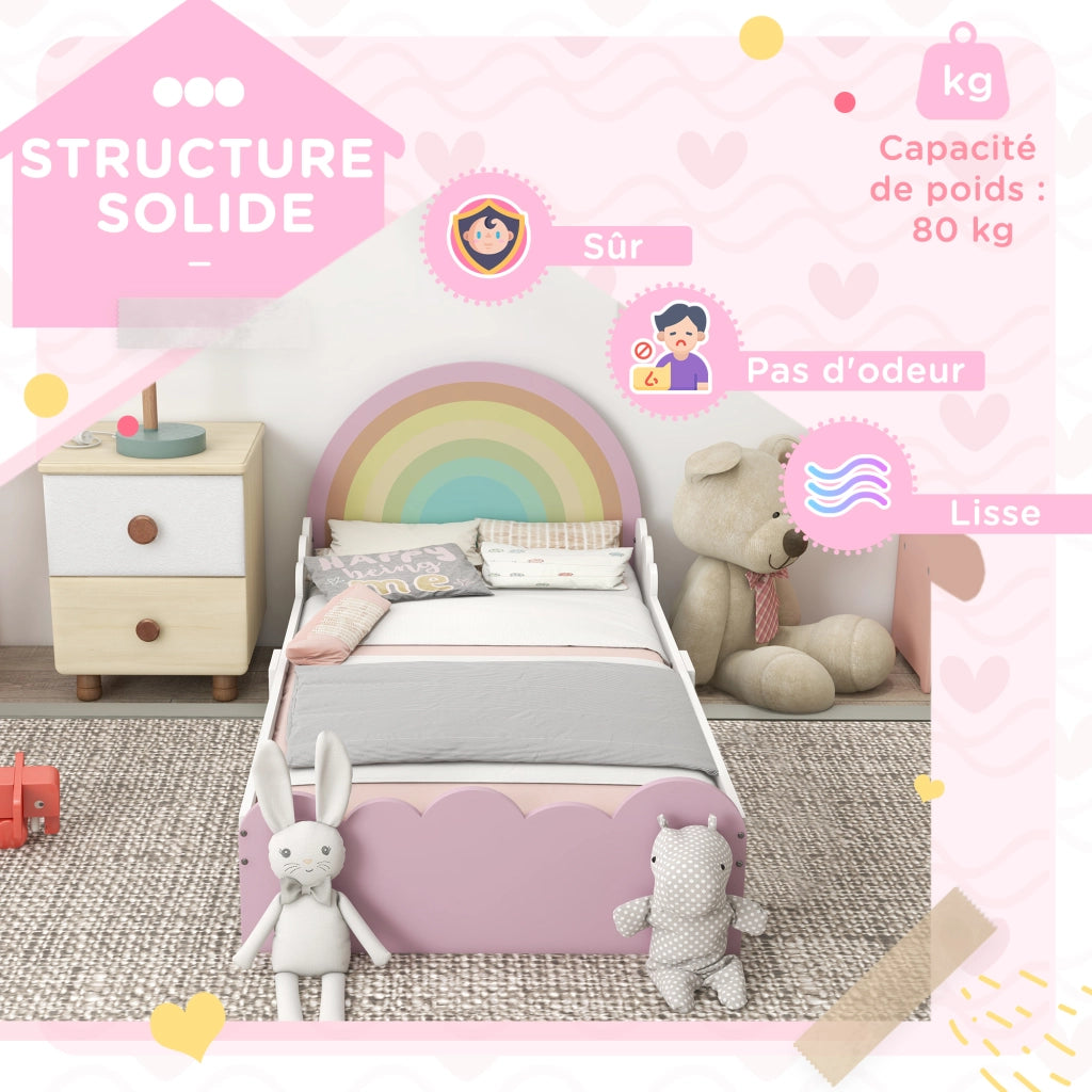 Letto per Bambini 3-6 anni con Testiera Arcobaleno e Rete a Doghe ¨C zephmum ¨C Rosa 143x74x66 cm