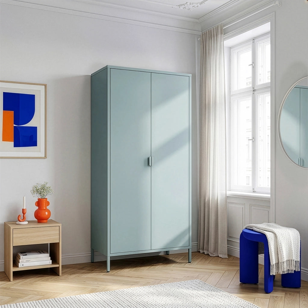 Armadio Guradaroba Esteli in Acciaio a 2 Ante con 2 Barre Appendiabiti e 4 Ripiani 170 x 80 x 45 cm - Verde Menta [en.casa]