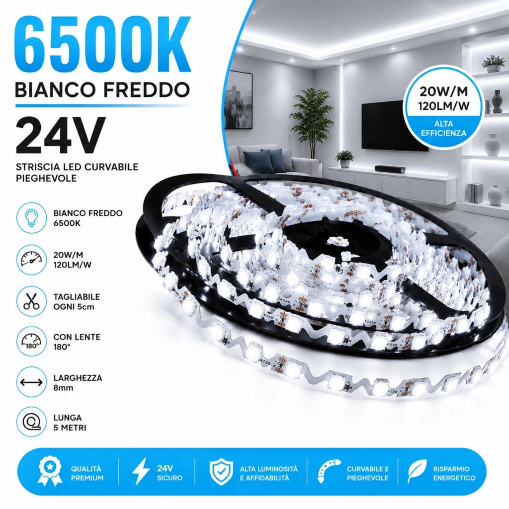 24V Bobina Striscia Led Curvabile Ripiegabile Bianco Freddo Con Lente 180 Gradi 20W/M 8mm 300 smd 6060 Per Cassone Pubblicitario Senza Ombra BL2454F MS12546