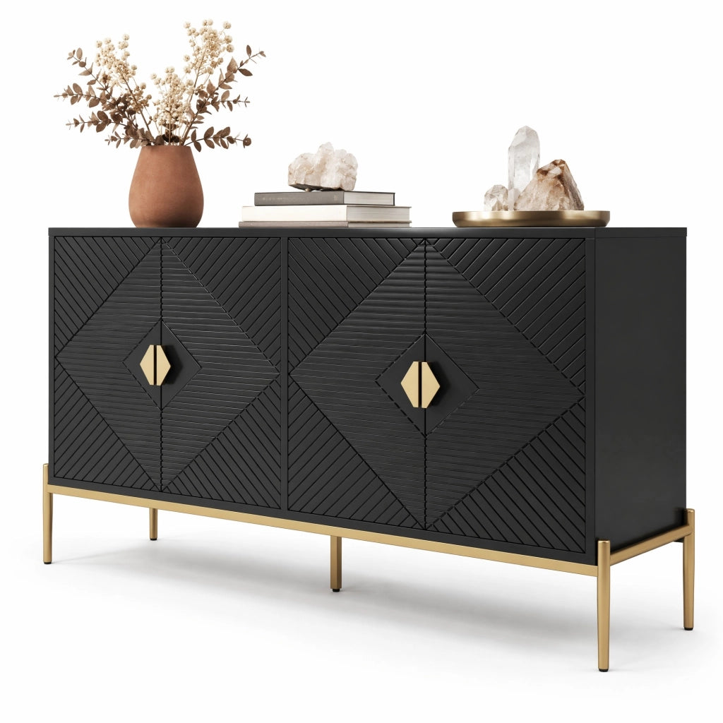 Credenza 162x40x80 cm nera in MDF e pannello truciolare, 4 ante