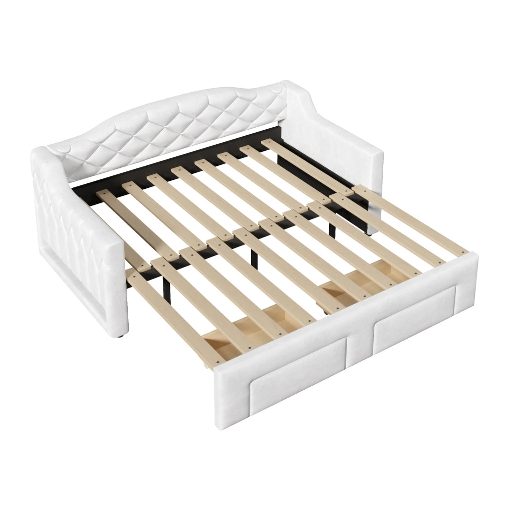 Divano letto imbottito estensibile 90x200 cm fino a 180x200 cm; con 2 cassetti e LED; bianco