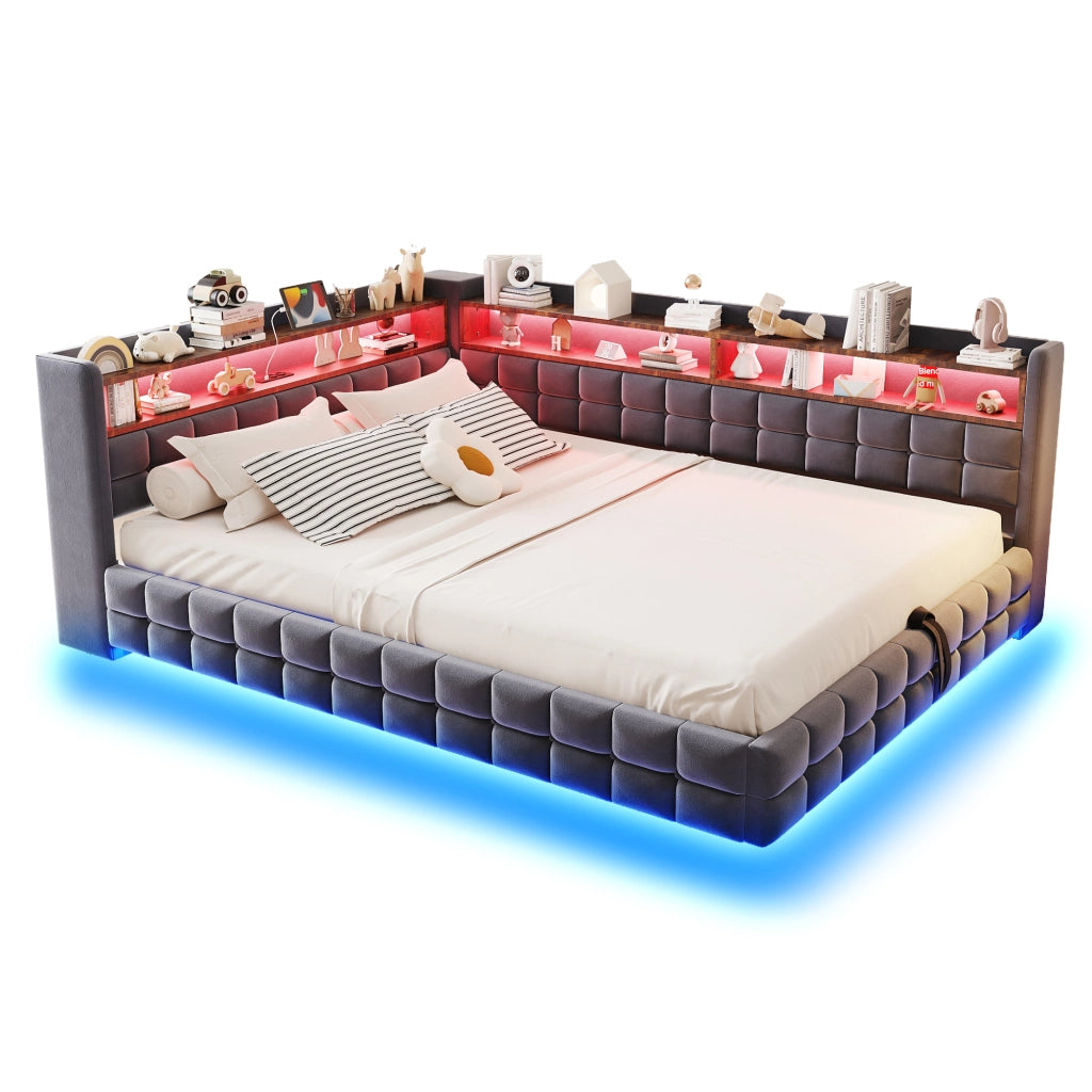 Letto imbottito 140x200 cm con contenitore idraulico; mensole in legno e LED in velluto grigio
