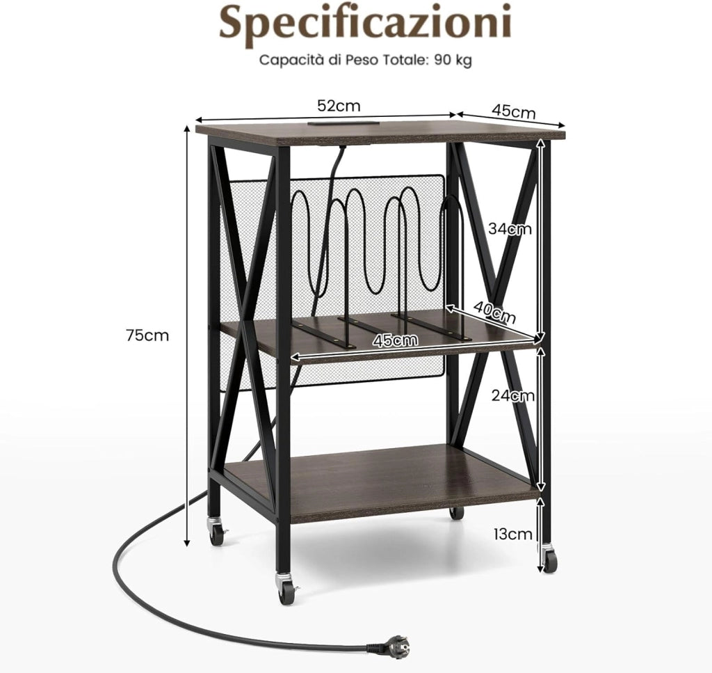 Supporto per Giradischi, Supporto per Giradischi in Vinile con Presa di Corrente e Porta USB, Ruote Bloccabili, 3 Livelli, per Soggiorno, Camera da Letto, 52 x 45 x 75 cm (Grigio)