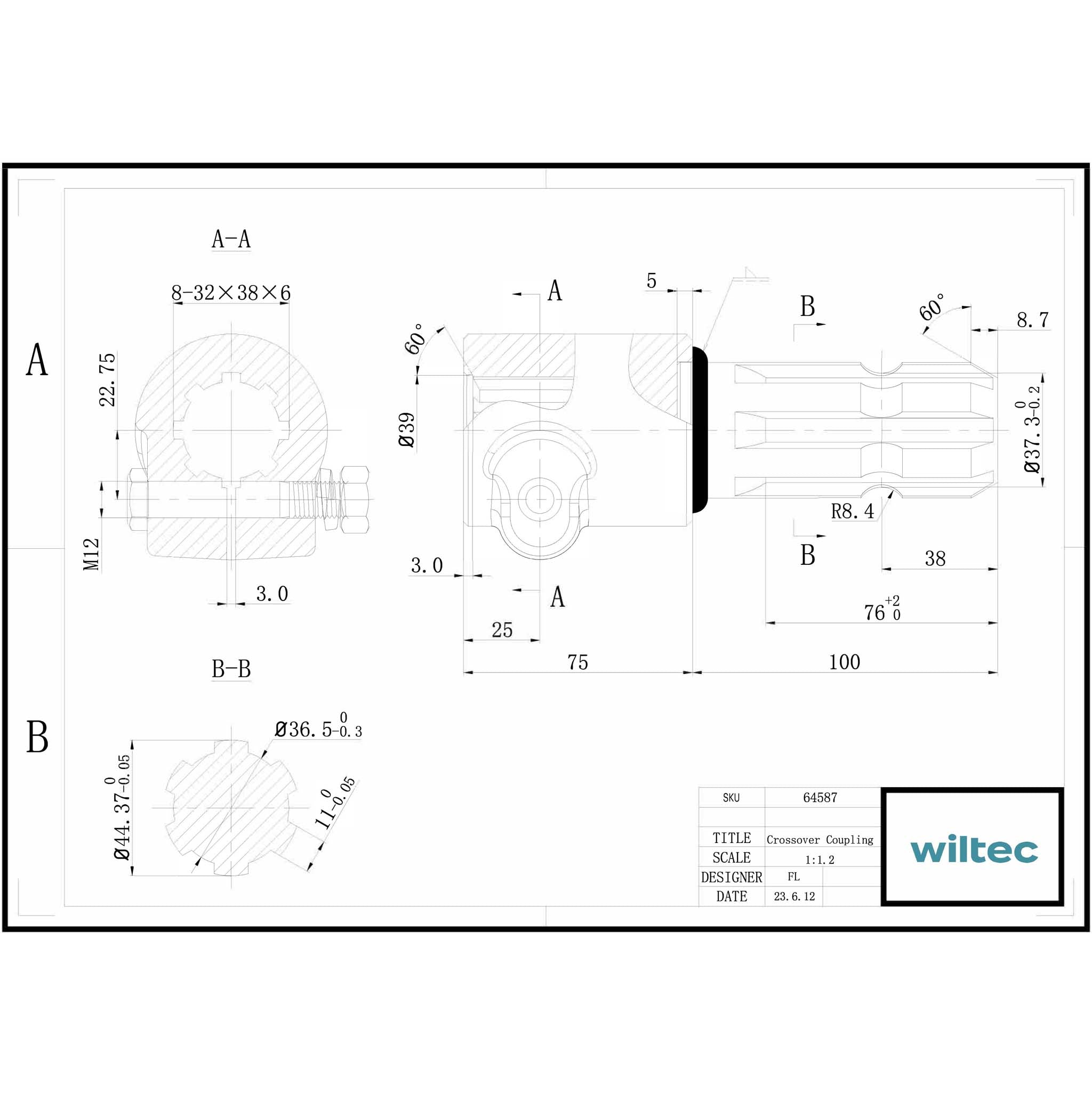 Boccola albero cardanico 175mm Attacco albero scanalato 8-32x38x6 per albero uscita 1 3/4" 6 denti