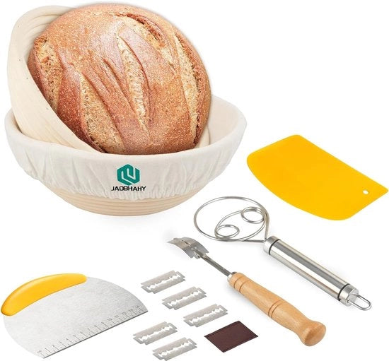 Set di due ciotole per lievitazione del pane, 23 cm, ciotola rotonda, pane con tovagliolo di lino, garza, coltello da forno con 5 lame, spazzola per impasto in TPE e acciaio inossidabile.