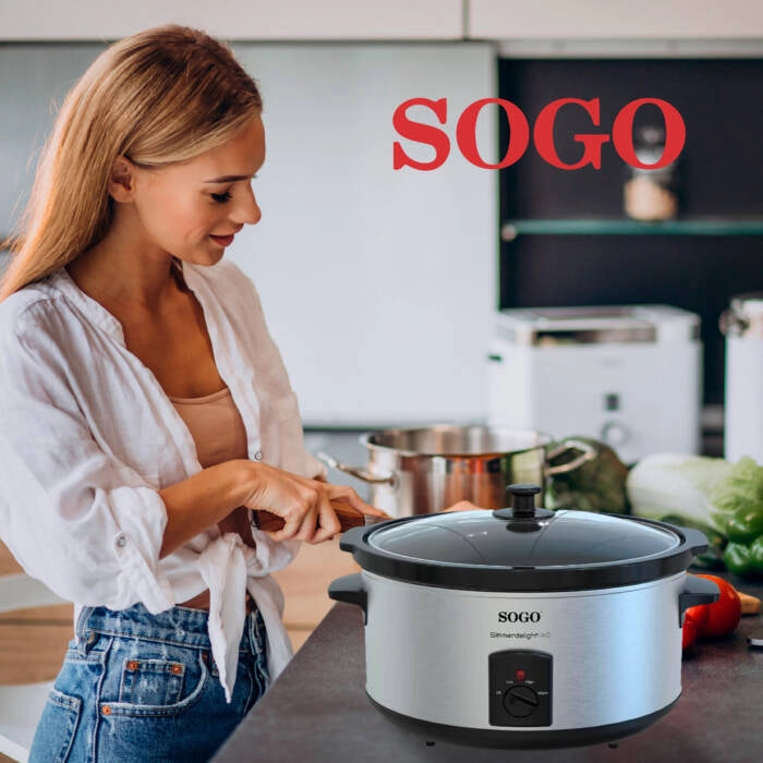 Pentola slow cooker elettrica 5,5L 260W con recipiente in ceramica e 3 programmi, per cottura lenta 7-8 persone - Sogo
