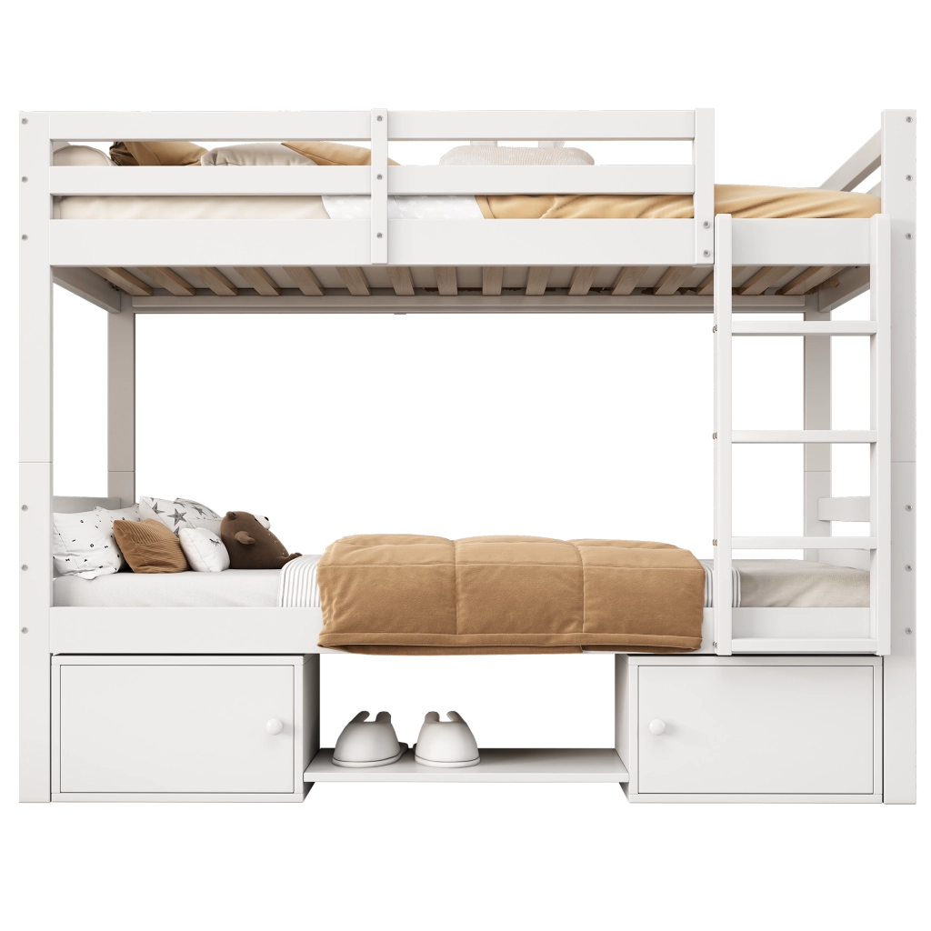 Letto a Castello 90x200 cm - con Scaffale; Armadio; in Legno Massello e MDF - Bianco