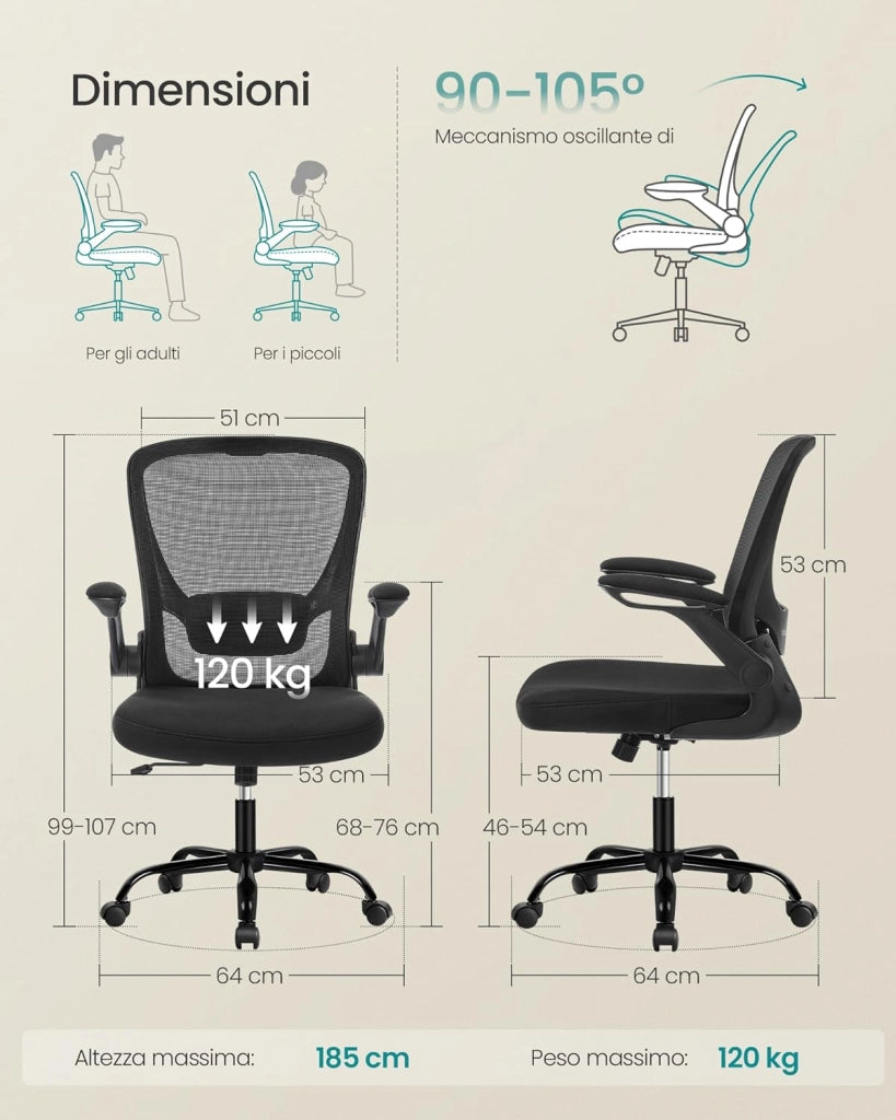 SONGMICS Sedia da Ufficio Girevole, Sedia di Rete da Computer Ergonomica, Supporto Lombare, Oscillante, Seduta 53 cm, Braccioli Pieghevoli, Nero OBN37BK