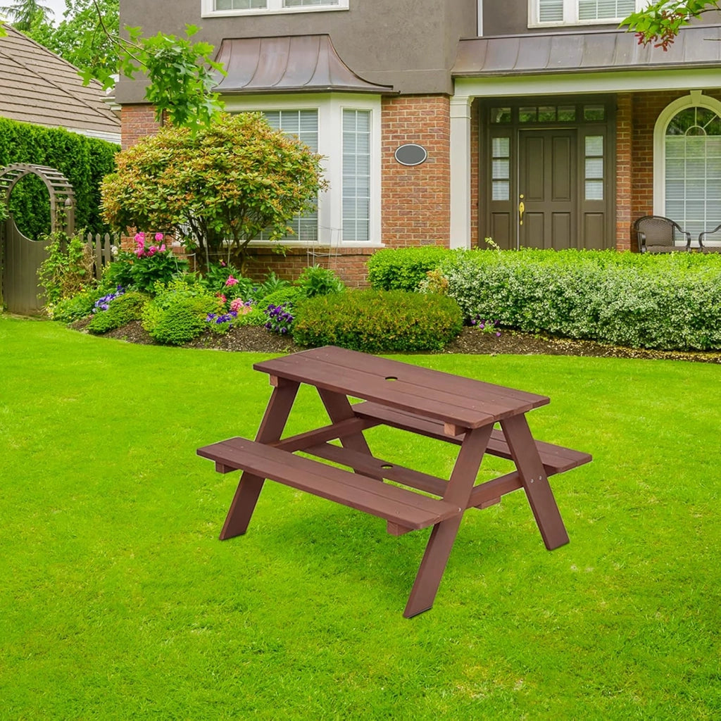 Set di mobili da giardino in legno per bambini, con ombrellone, tavolo da picnic per bambini con protezione UV e impermeabile, tavolo da giardino e panca, set di mobili da giardino per esterni