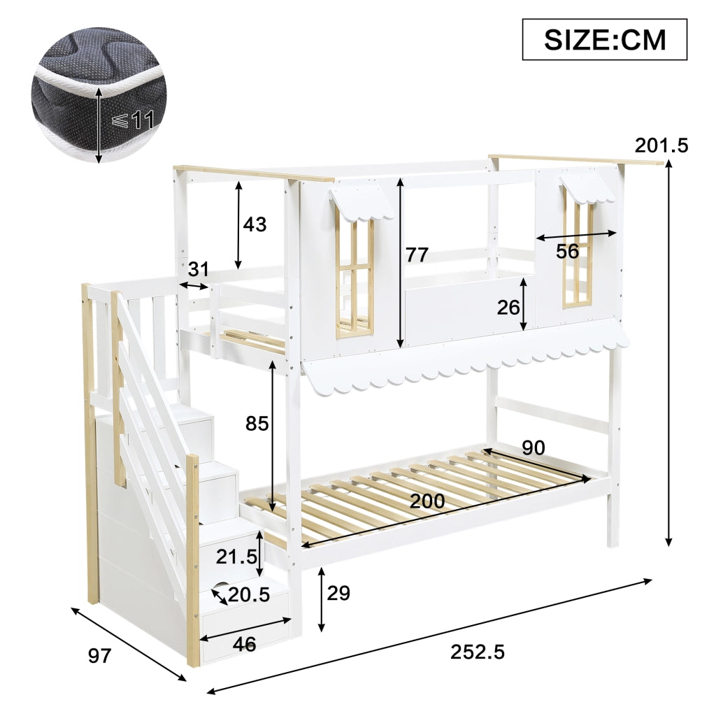 Letto a Castello 90x200 cm; con Scala Contenitore; Finestre e Tetto - Bianco Naturale