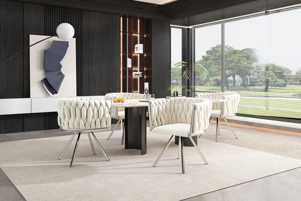 Set da 2 Sedie da Pranzo in Velluto Beige con Base Girevole in Metallo Argento