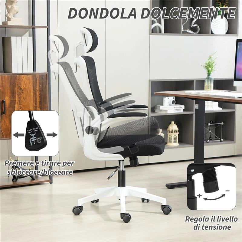 SEDIA DA UFFICIO REGOLABILE E RECLINABILE CON POGGIATESTA RIMOVIBILE, IN TESSUTO A RETE, 60X59X114-122 CM, NERO