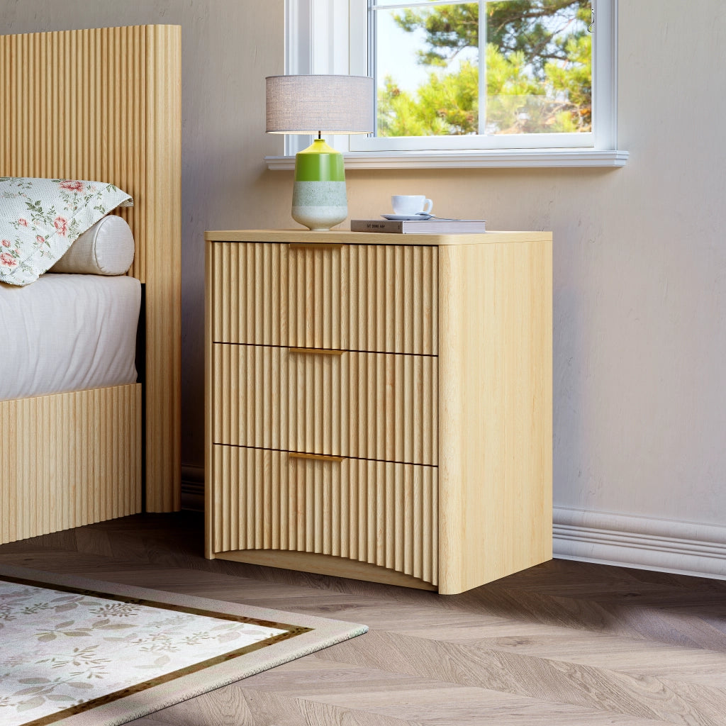 Comodino con 3 cassetti e guide ammortizzate pannelli scanalati MDF rovere camera da letto 58 × 38 × 64 cm