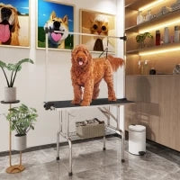 Tavolo da Toelettatura per Animali Domestici con Cesto Inferiore, Altezza Regolabile, Pieghevole, in Acciaio Inossidabile e Metallo, 107 x 60 x 170 cm, Nero