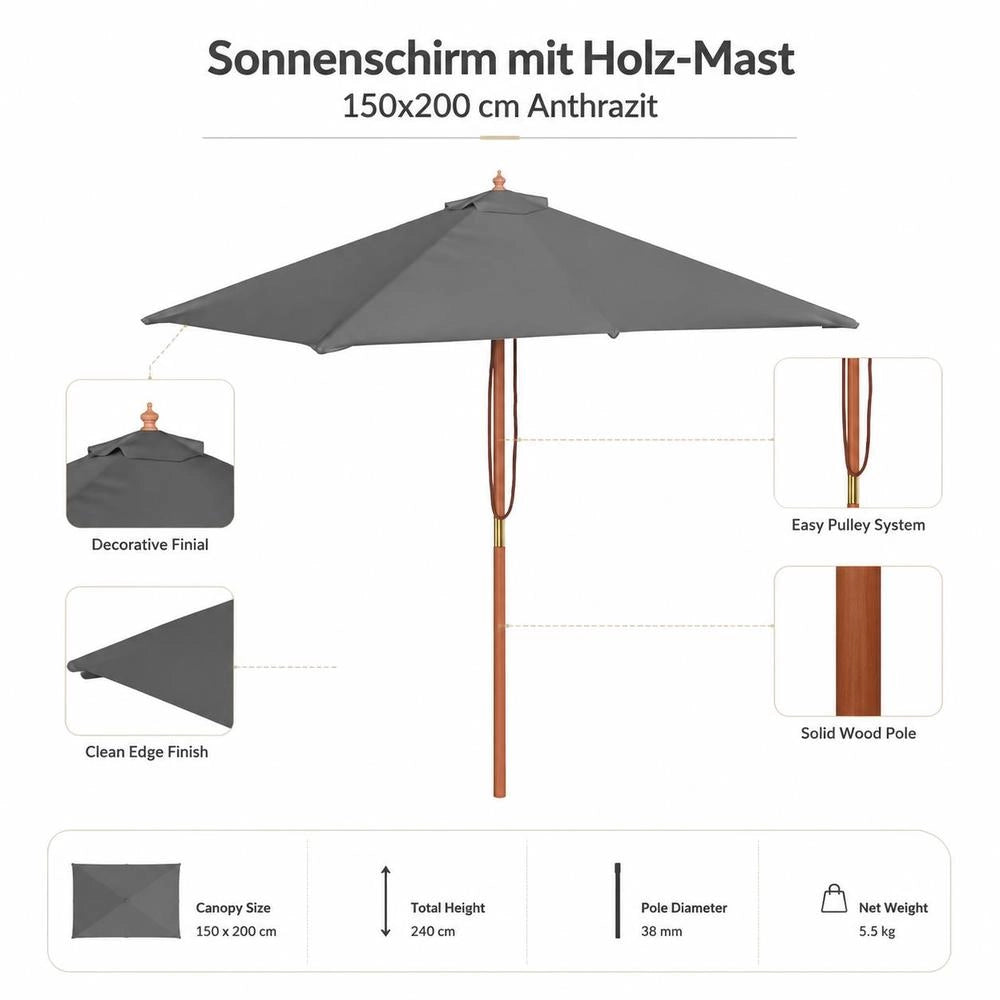 Parasol With Wooden Pole 150x200 Cm Anthracite
