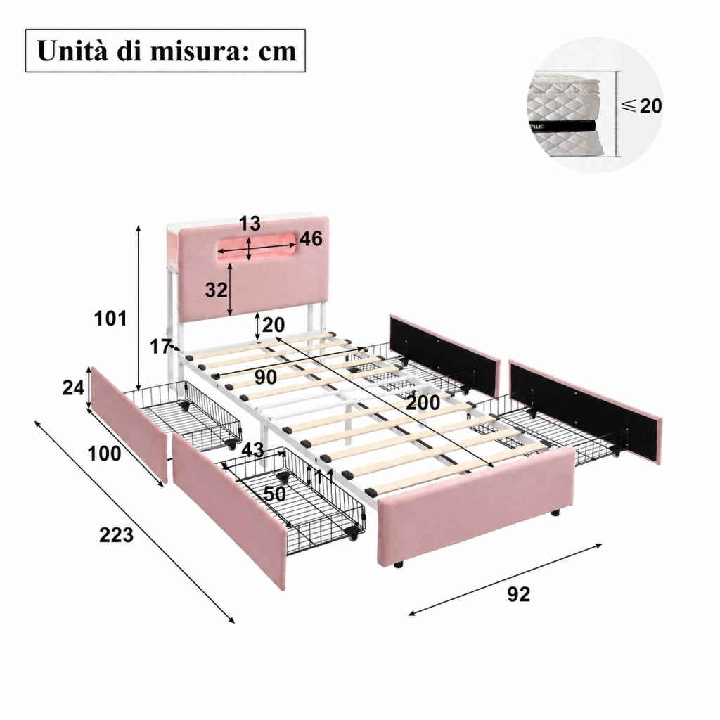 Letto imbottito rosa 90x200 cm con quattro cassetti laterali; velluto