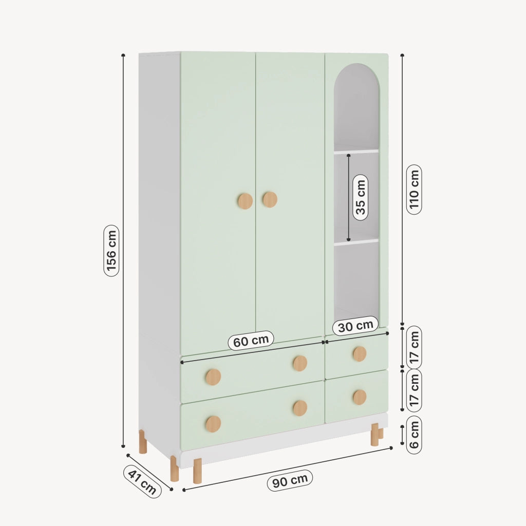 Armadio per Cameretta Vaarentaa a 2 Ante con 4 Cassetti e 3 Vani Aperti 156x90x41 cm - Bianco/Verde Menta [en.casa]