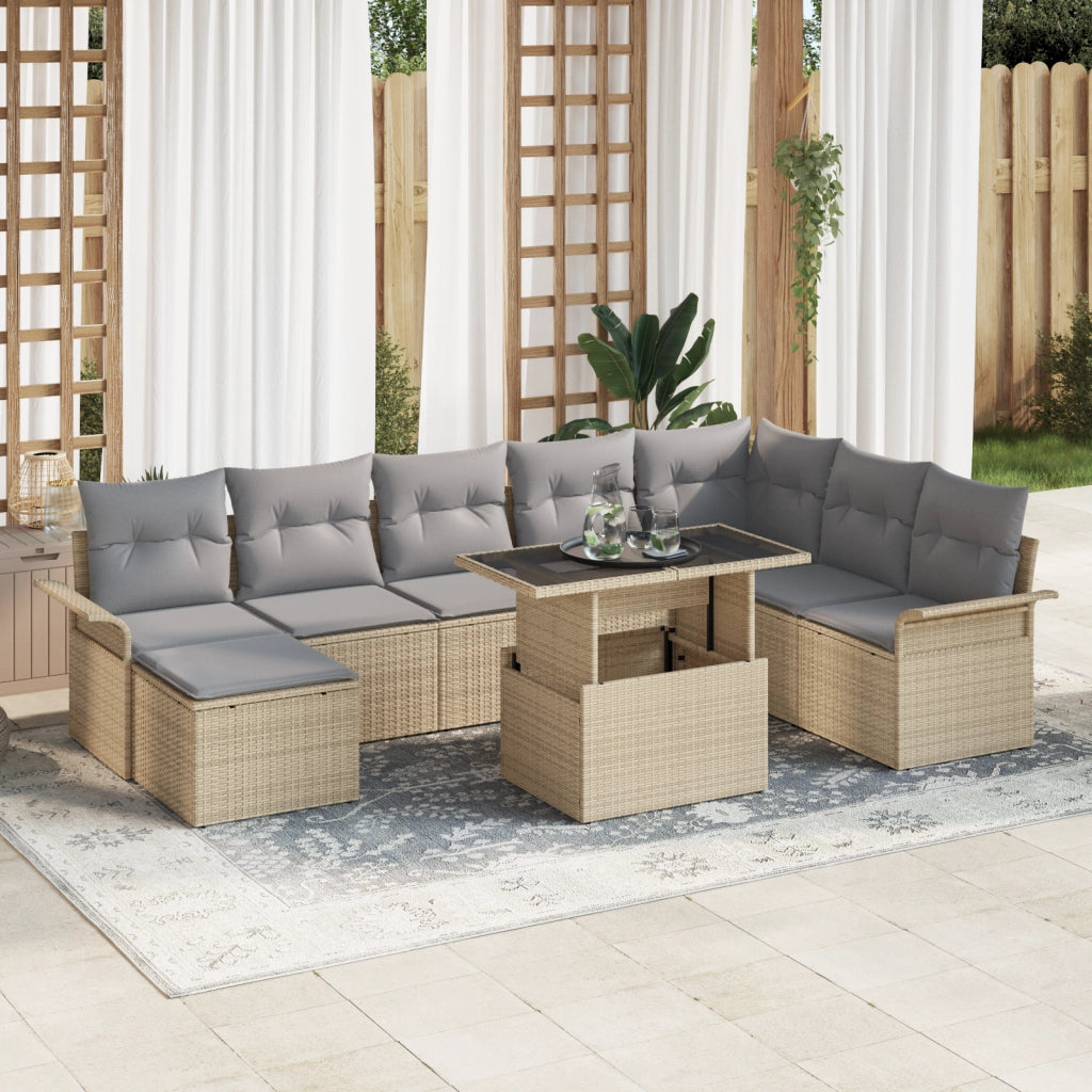 Set divani da giardino di 9 pezzi con cuscini Beige Polyrattan
