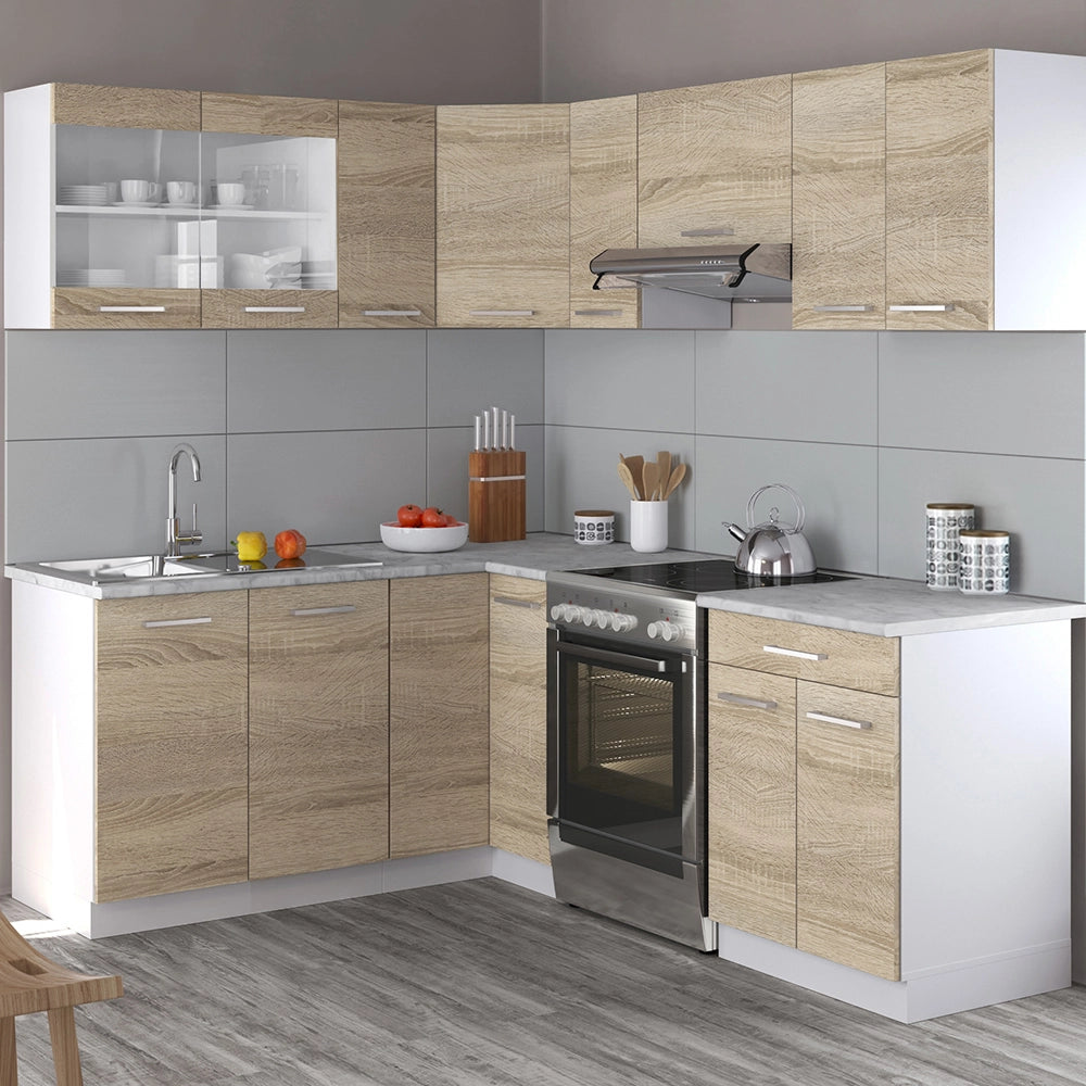 Cucina ad angolo Rick Sonoma/Bianco 207 x 60 cm, PL Marmo con striscia LED Vicco