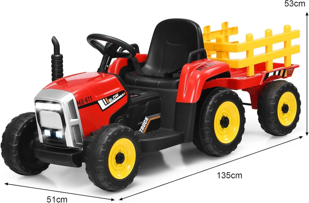 Trattore con Rimorchio Cavalcabile per Bambini 12V, Trattore Elettrico Telecomandato, con Luci e Suoni, 30kg, 3+ Anni (Rosso)
