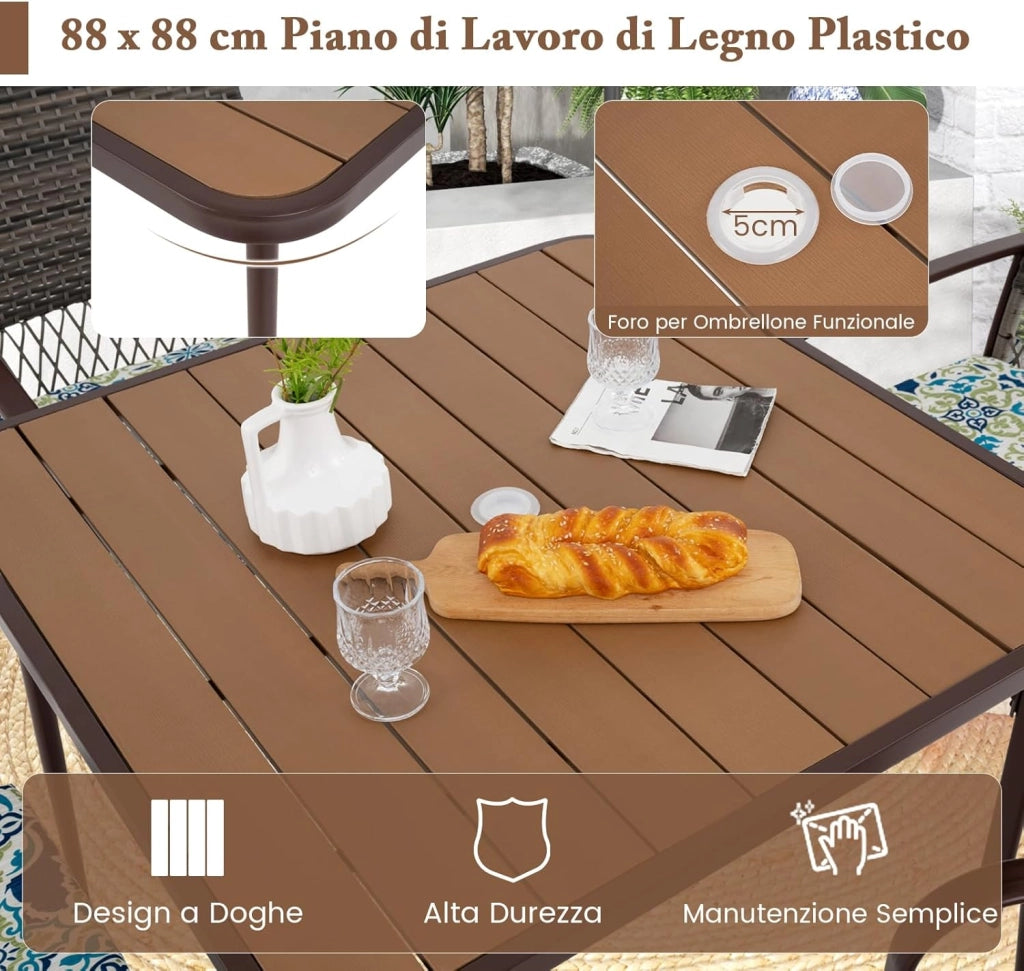 Set 5 Pezzi Tavolo e Sedie da Esterno, Tavolo Quadtato con Piano in Legno Plastica e Foroe per Ombrellone e 4 Poltrone in Rattan con Cuscini, Mobile per Giardino, Terrazza e Bordo Piscina