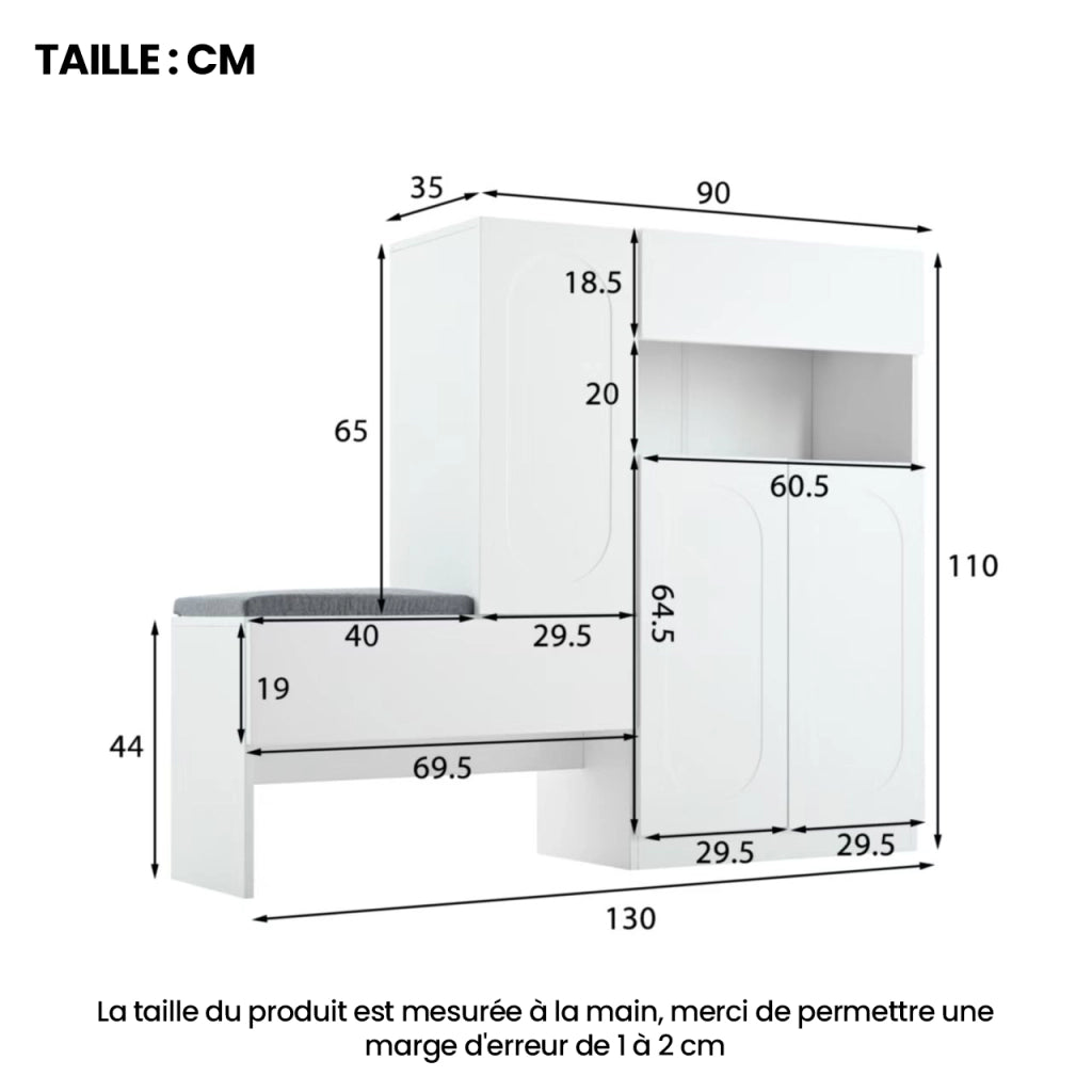 Scarpiera con 2 Ante e Panca Imbottita; Ripiani Regolabili; Chiusura Ammortizzata; in Truciolare; Bianco; 130×35×110 cm
