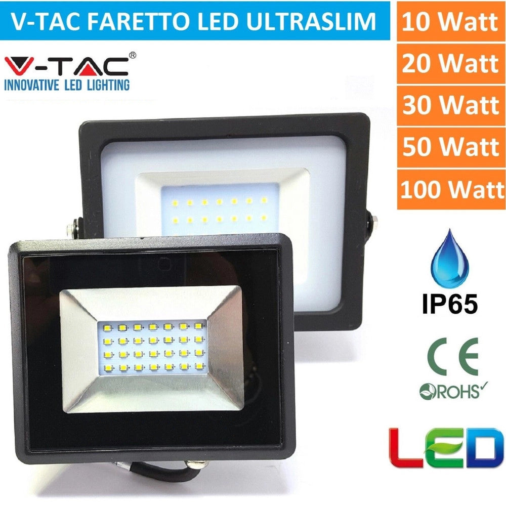 Trade Shop - V-tac Faro Faretto Led Smd 10w 20w 30w 50w 100w Slim Da Esterno Ip65 Colore Nero -