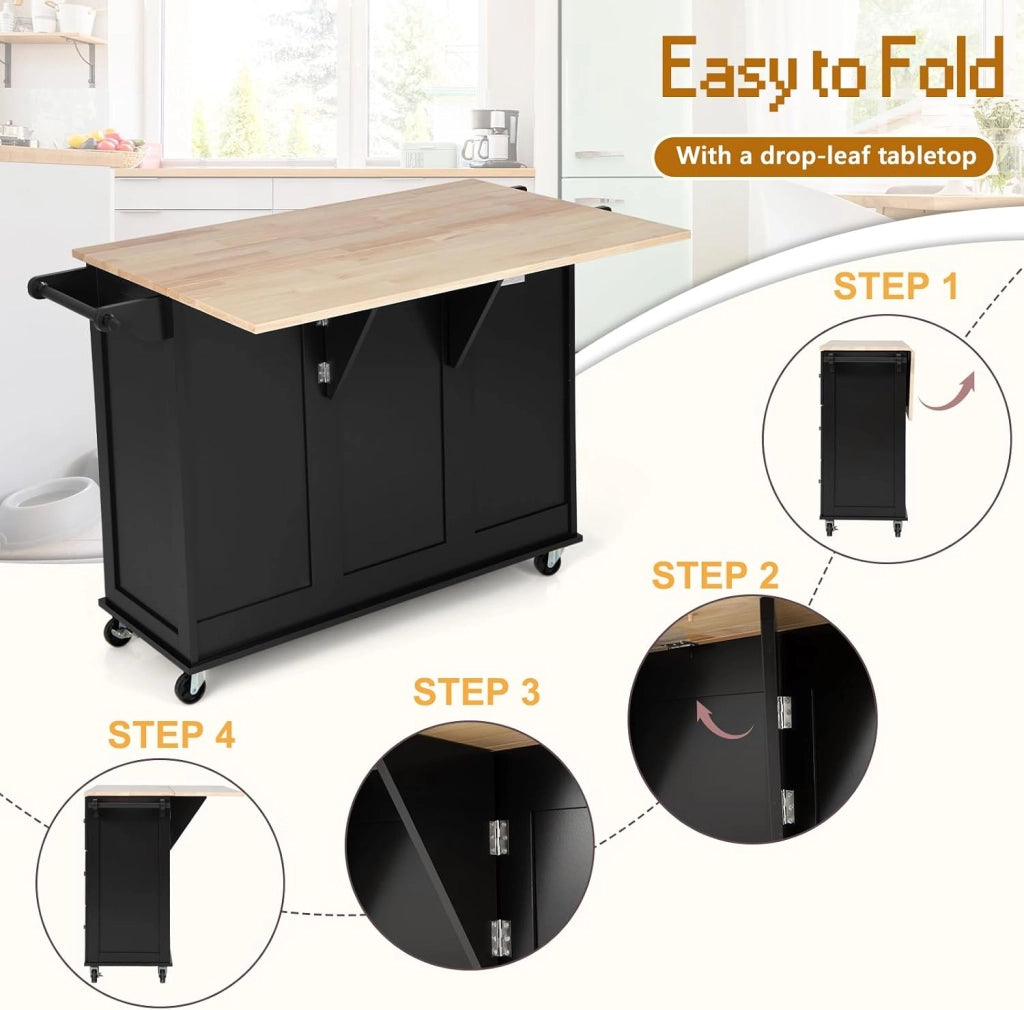 Carrello da Cucina con Pannello Pieghevole Portato fino a 50 kg, Isola da Cucina 43x136x91cm, Carrello Portaoggetti in Legno con Ruote, Multifunzione e Grande, Nero (Nero)