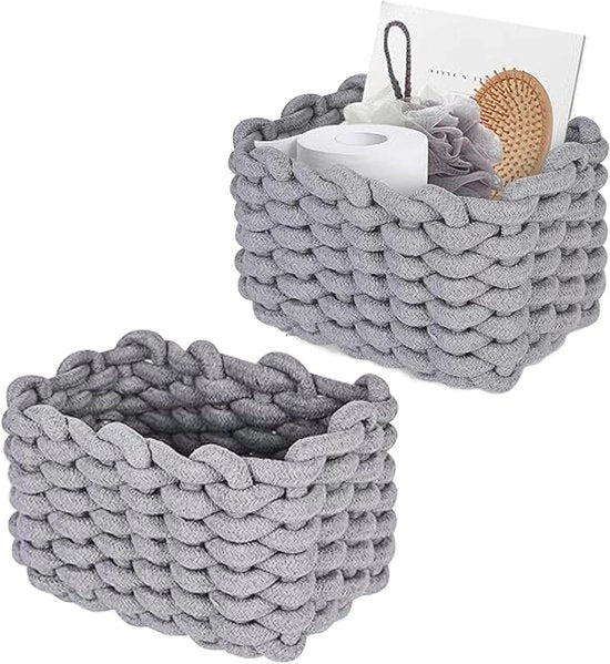 Set di 2 contenitori di cotone intrecciato - Grigio - Organizzatore per tavolo da notte - Prodotti per la cura della pelle e del trucco