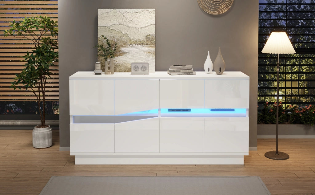 Credenza bianca lucida 140 x 35 x 70 cm con 4 ante LED in acrilico