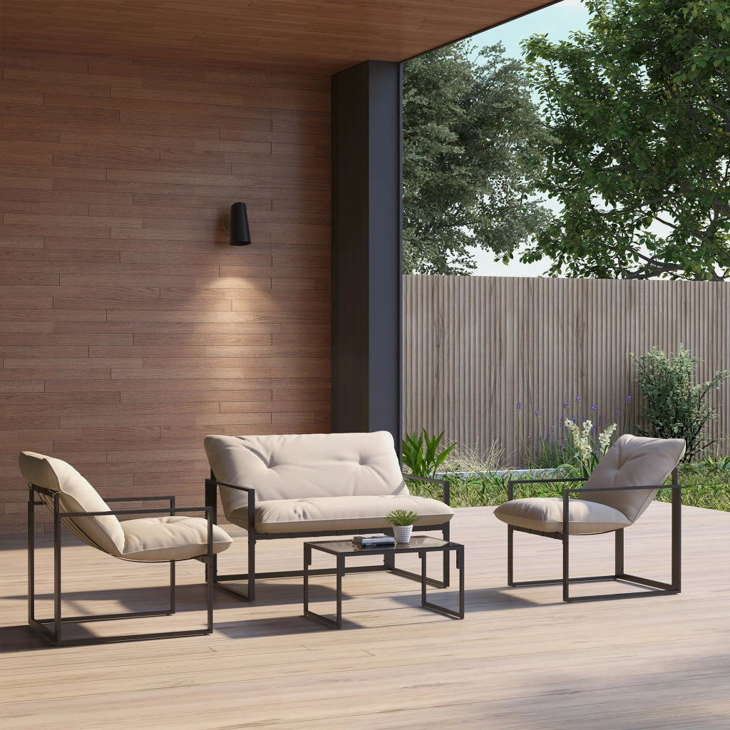 Set da giardino con divano, 2 poltrone e tavolo in vetro ¨C zephmum ¨C grigio e beige, 114x70x67 cm