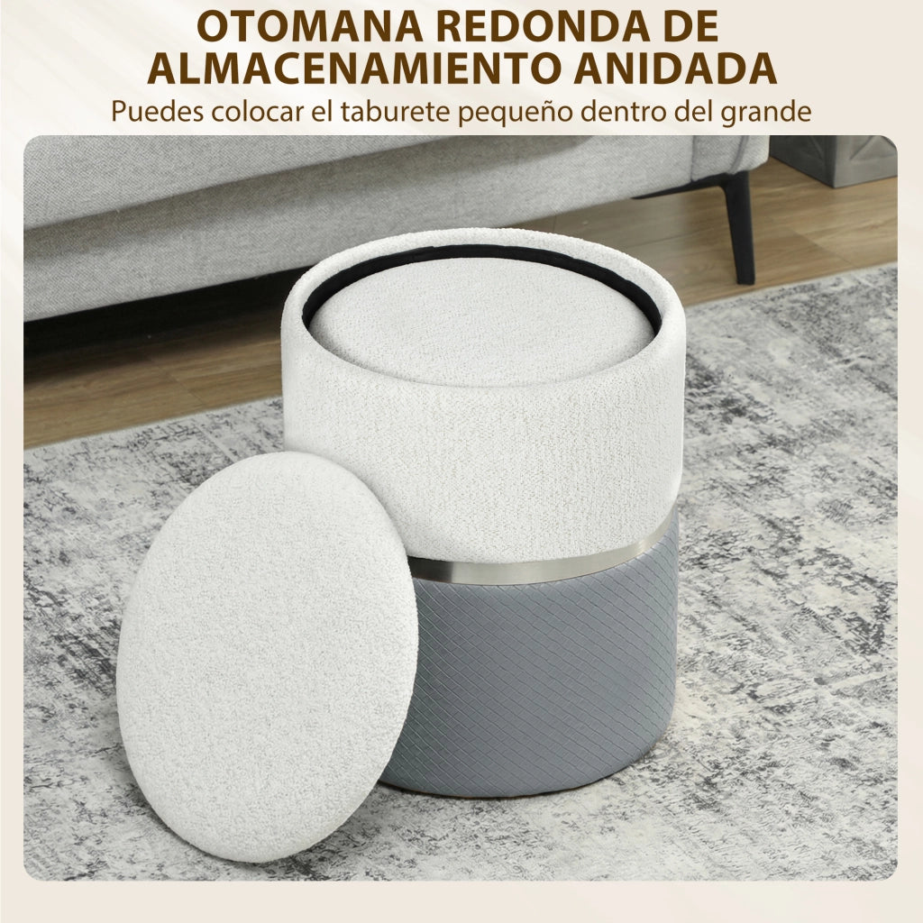 Set 2 Pouf Contenitore ¨C Xylo ¨C Rivestimento Tessuto Chenille e Similpelle Grigio e Crema