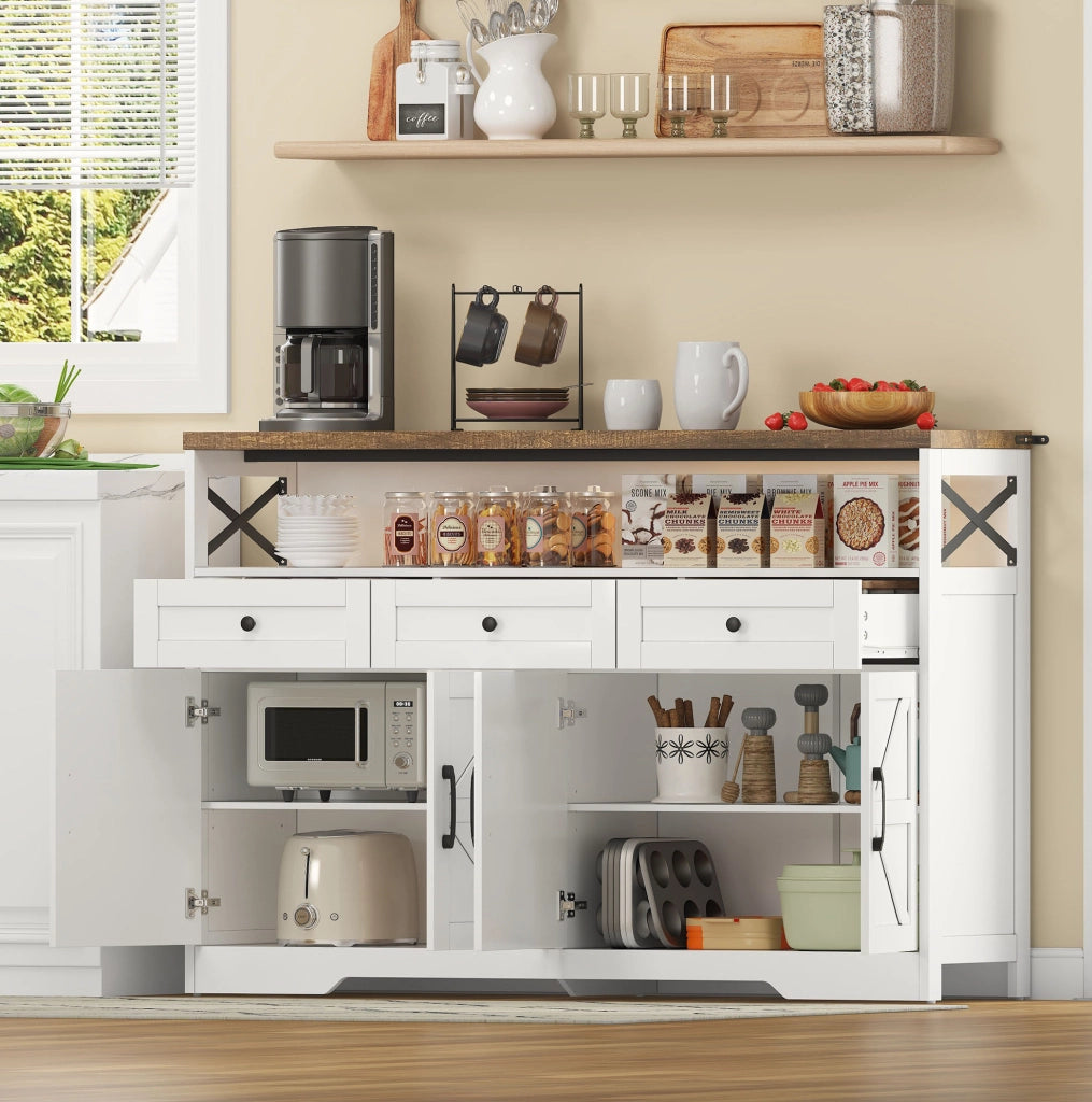 Credenza buffet 140 cm bianco e marrone con 3 cassetti e 2 armadietti
