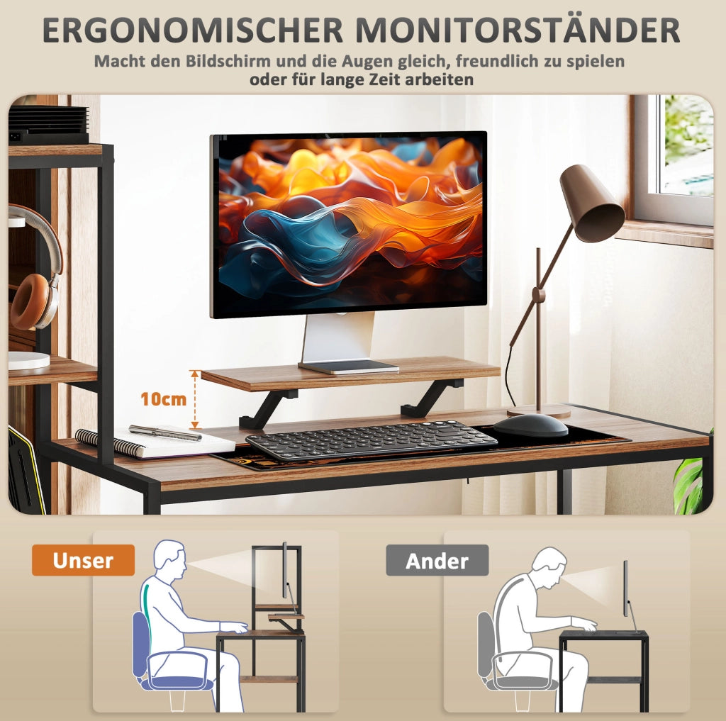 Scrivania PC con rialzo monitor e 4 ripiani, 150x48 cm, marrone