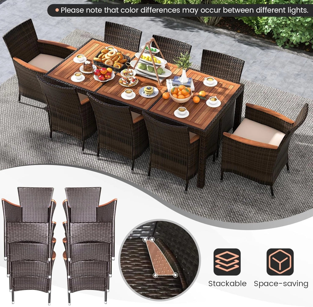 Tavolo e Sedie da Pranzo in PE Rattan, Set di Mobili in Rattan, Set di Mobili Composto da 9 Pezzi, con 8 Sedie e 1 Tavolo, Piano del Tavolo in Acacia, per Interno e Esterno