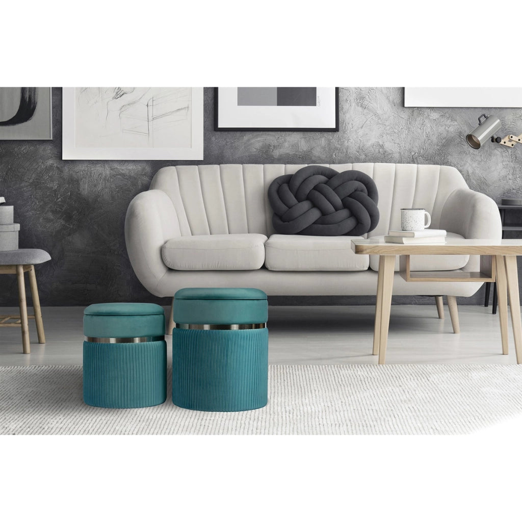 Set di 2 Pouf Contenitore Zora in Velluto Petrolio e Argento