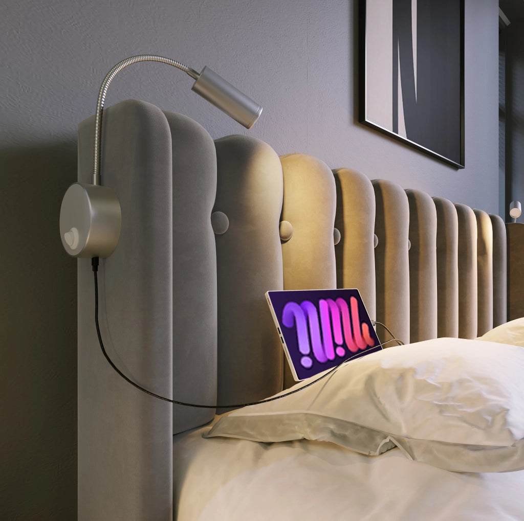 Letto singolo 90x200 cm in velluto grigio con luce da lettura; USB e contenitore