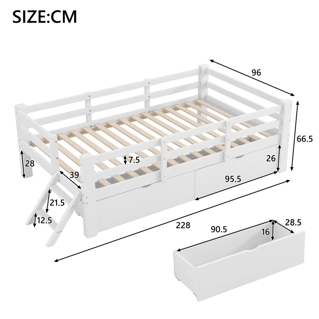 Letto a piattaforma 90x200 cm con 2 cassetti in MDF e compensato bianco