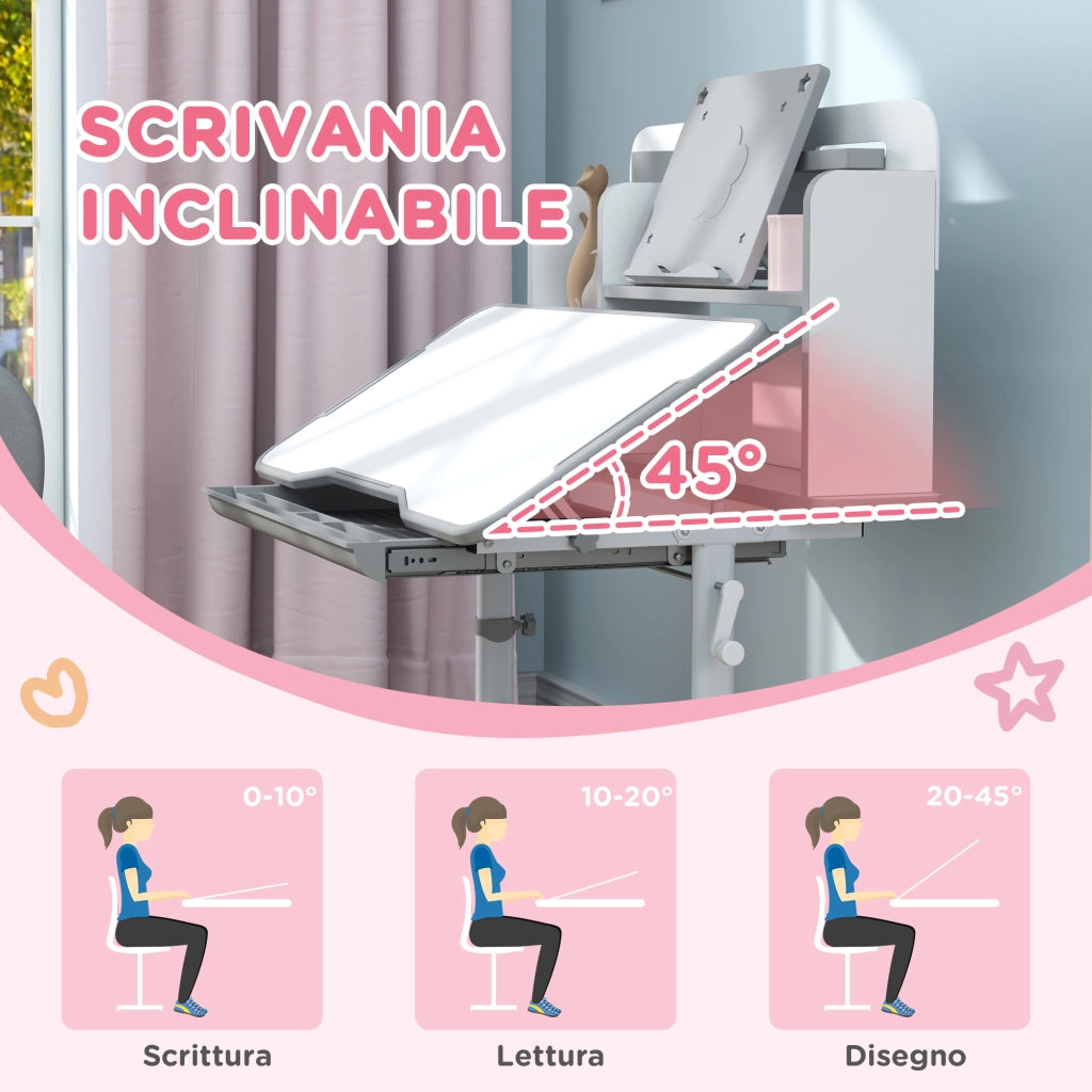 Scrivania Bambini Regolabile con Piano Inclinabile, Cassetto e Scaffale ¨C Zephmum ¨C Grigio