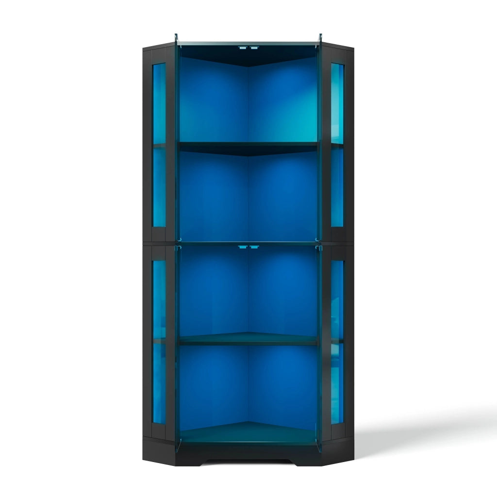 Vetrina angolare in vetro con LED RGB 40x40x165 cm nera, mobile cucina con 4 ante e ripiani regolabili