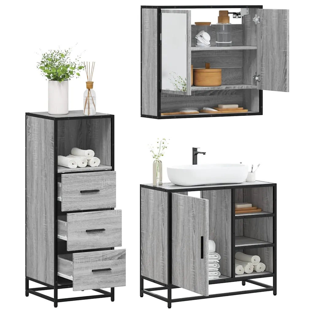 Set Mobili da Bagno | Armadio da bagno 3 pz Grigio Sonoma in Legno Multistrato