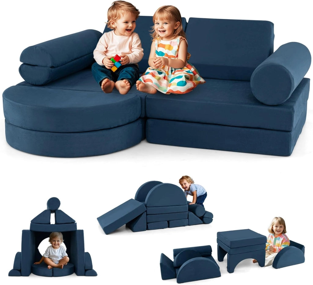 Divano in stile Block 13 Pezzi per Bambini, Divanetto Convertibile per Asilo, Cameretta e Soggiorno, Cuscini Bambini Gioco Blocchi (Blu)