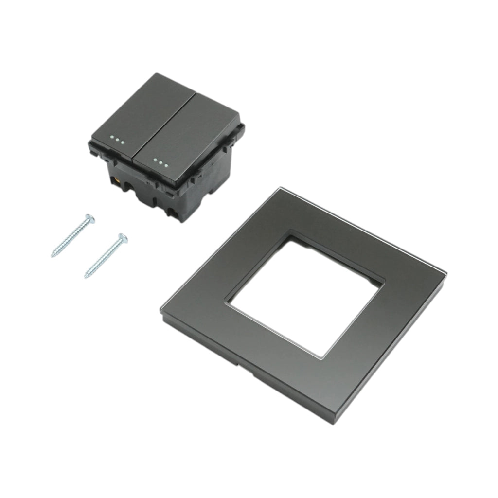 Interruttore a doppia testa, nero, da incasso, 220V, 16AX, spia luminosa, cornice in vetro 86x86x34mm