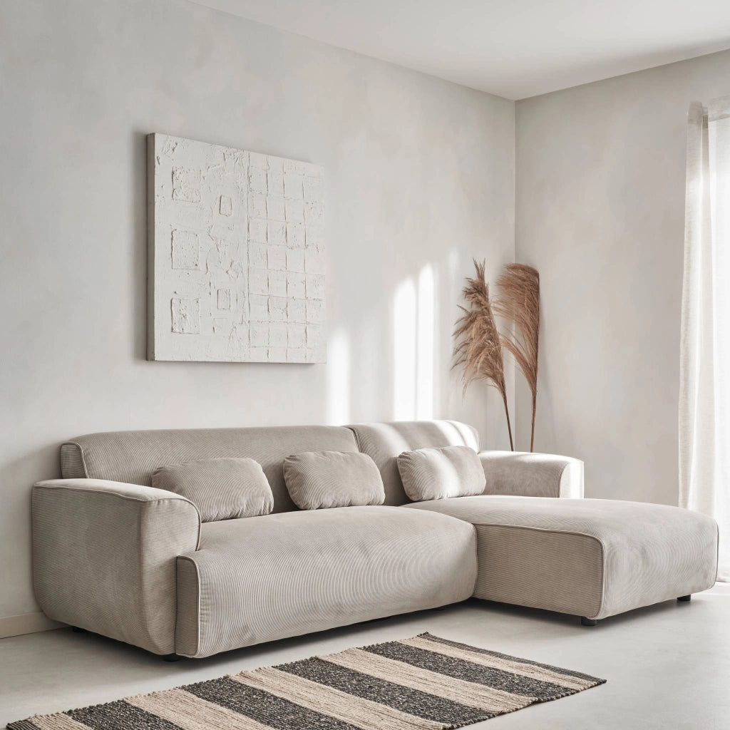 Divano angolare destro in velluto a coste, 2-3 posti, beige grigio