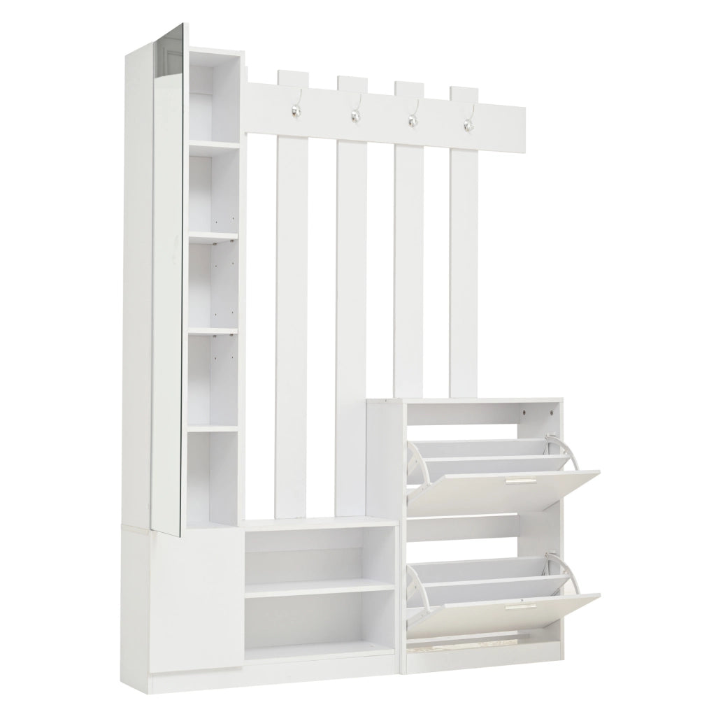 Mobile da ingresso ULEVR 135x25x180 cm con specchio, 2 scarpiere a ribalta e 5 ganci, bianco