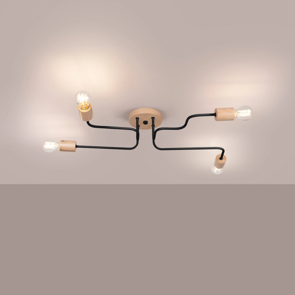 Plafoniera PALMOS industrial loft nera/legno 4xE27 Pure Lume